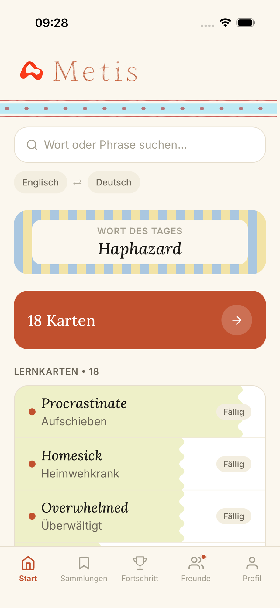 Metis home screen with search bar and language pair