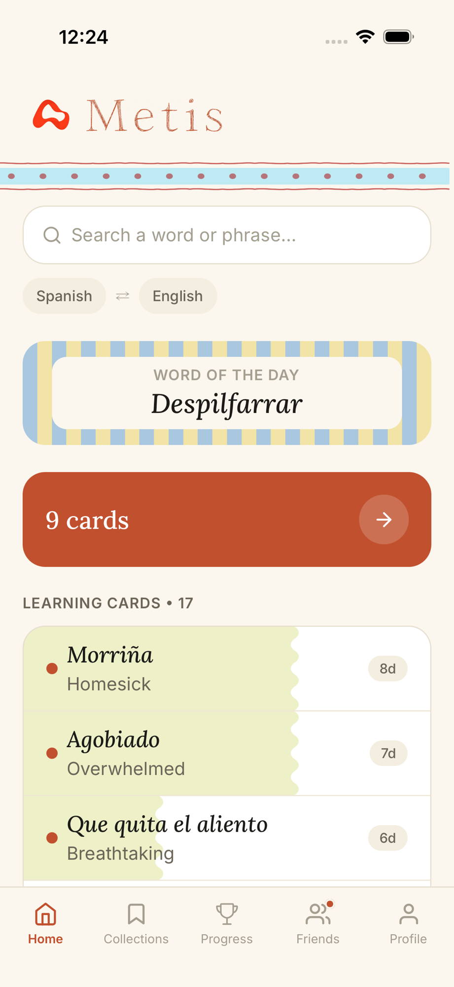 Metis home screen with search bar and language pair