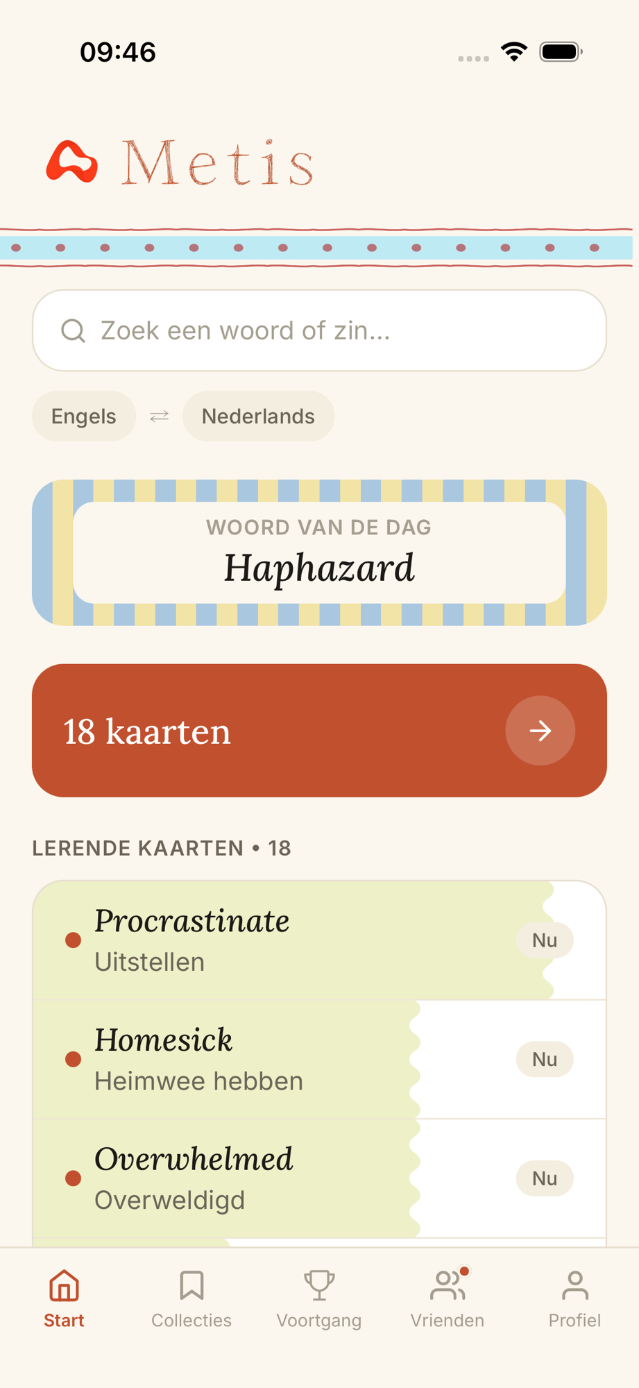 Metis home screen with search bar and language pair