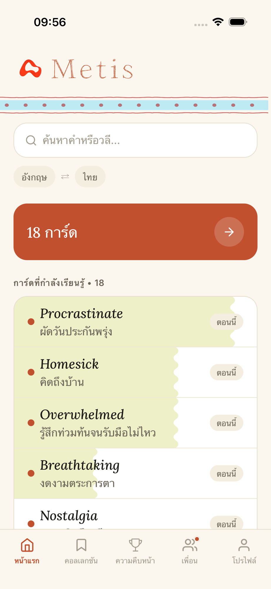 Metis home screen with search bar and language pair