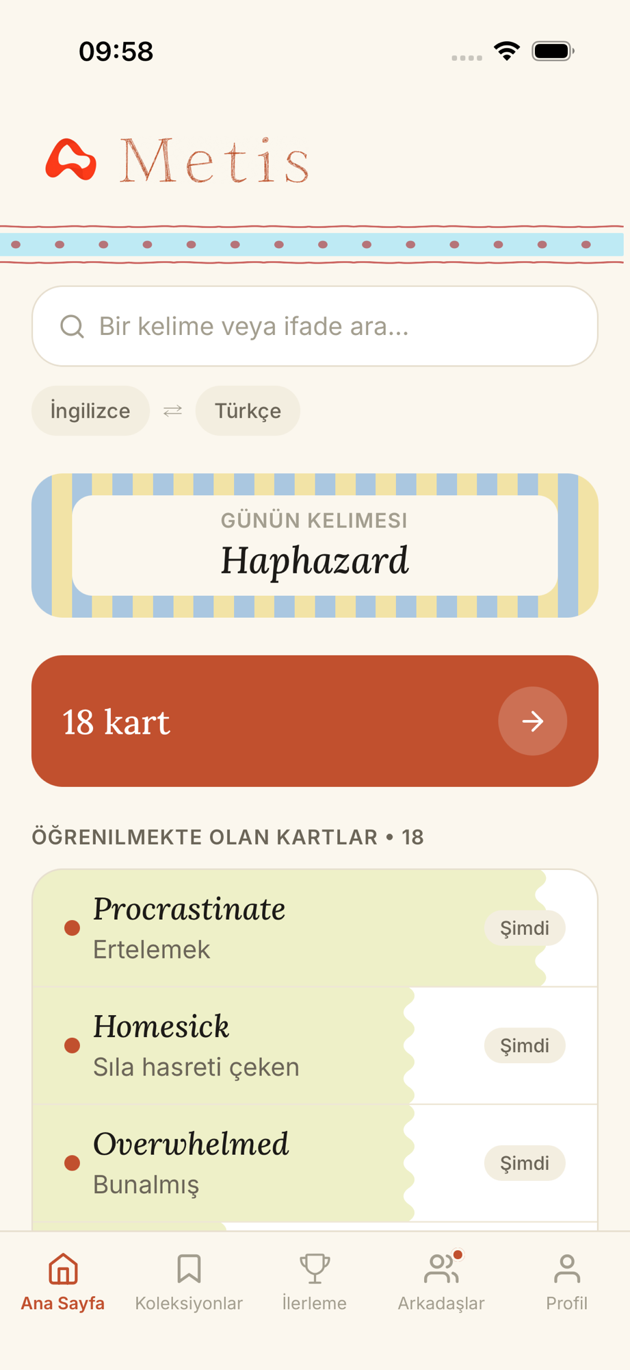 Metis home screen with search bar and language pair